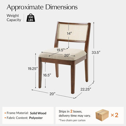 Rattan Dining Chairs Set of 4 | Coastal Woven Back, Upholstered Seat & Solid Rubberwood Frame