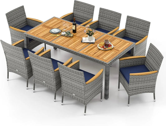 9-Piece Outdoor Rattan Dining Set for 8 | Acacia Wood Table, 8 Cushioned Wicker Chairs & Umbrella Hole