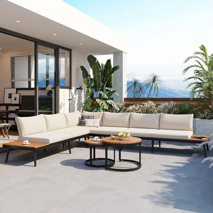 6-Piece Modern Outdoor Sectional Sofa Set with Round Nesting Coffee Tables – All-Weather Rattan & Acacia Wood