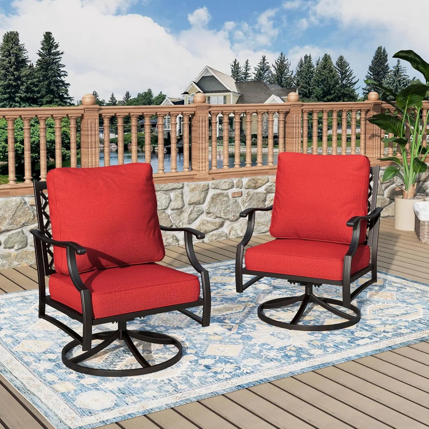 Outdoor Swivel Patio Chairs Set of 2 | High Back, Thick Cushions, Metal Frame