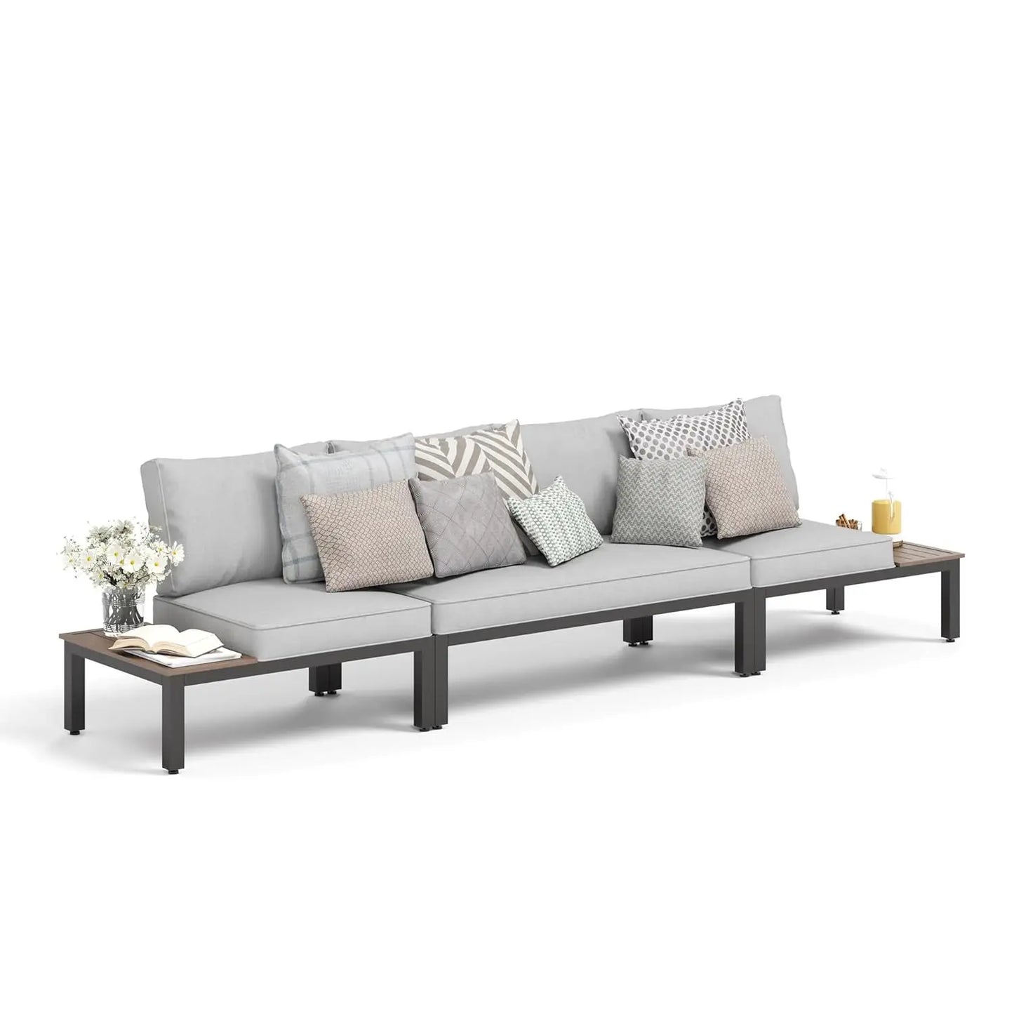 4-Seat Outdoor Patio Sectional Sofa Set – Metal Frame, Built-In Side Table & Thick Cushions, Beige/Grey