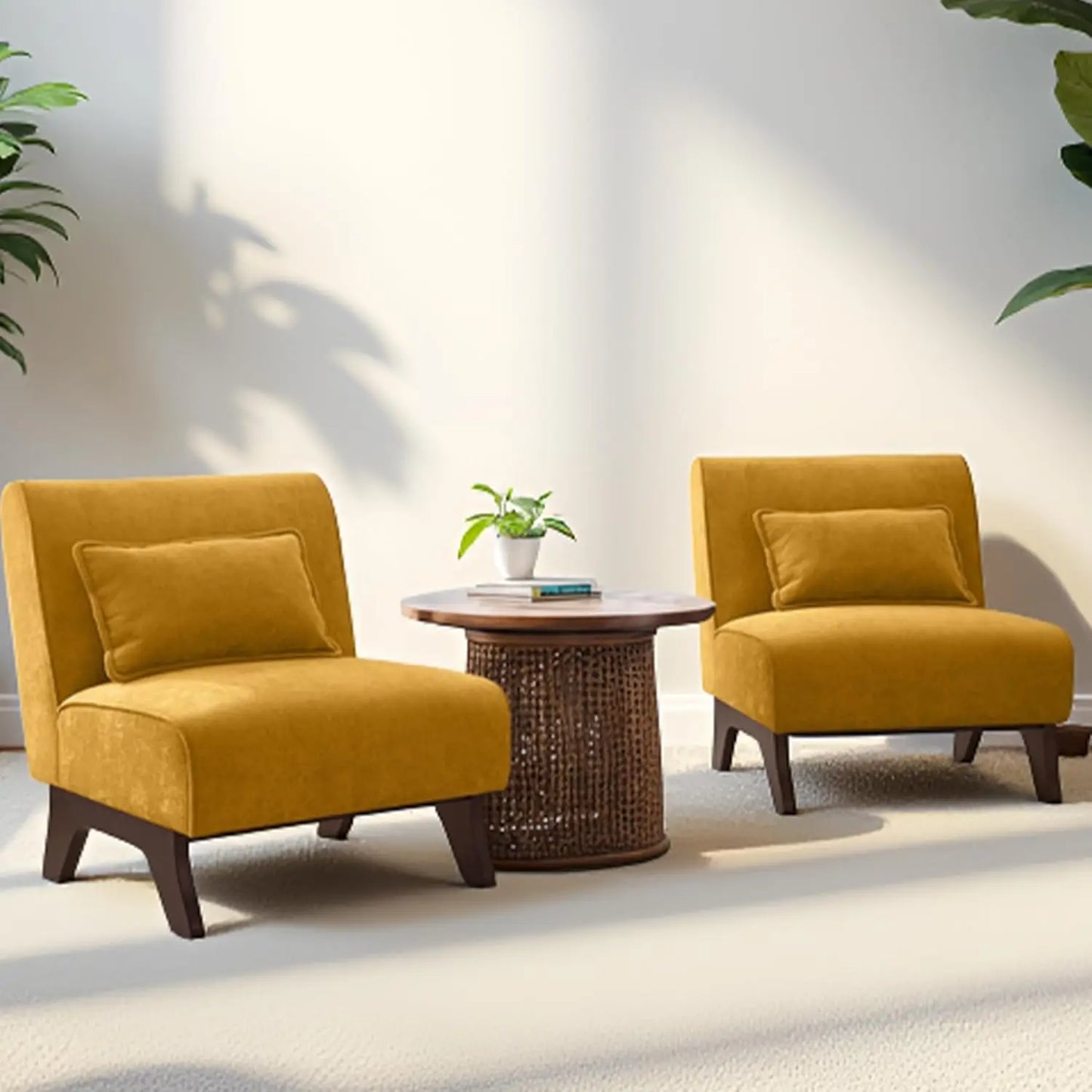 Set of 2 Upholstered Armless Accent Chairs with Wooden Legs & Pillow