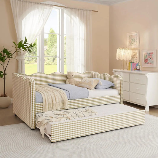 Twin Upholstered Gingham Daybed with Trundle & USB Charging – Linen, Wavy Edge, 7 Colors