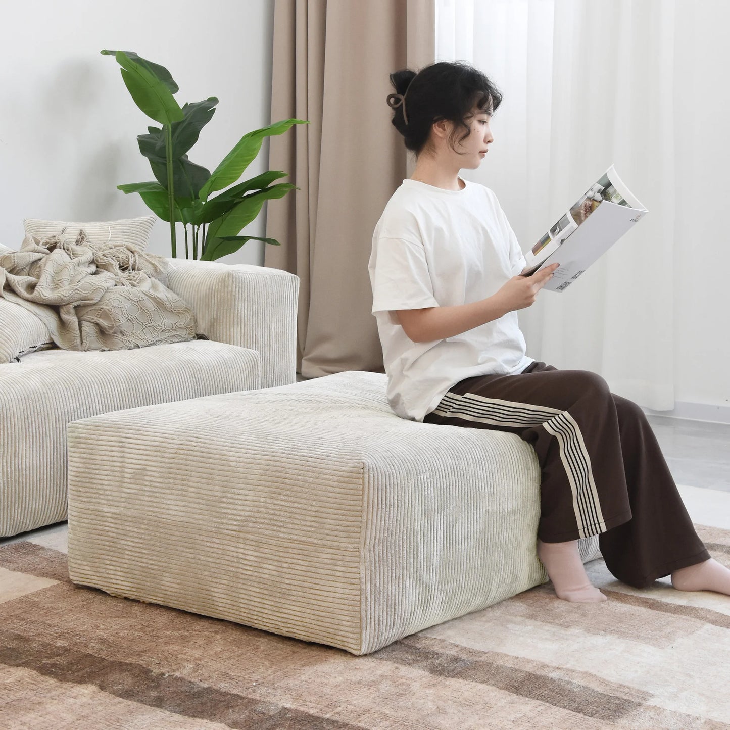 141" L-Shaped Corduroy Sectional Sofa with Ottoman | Oversized 3-Seater with Removable Covers