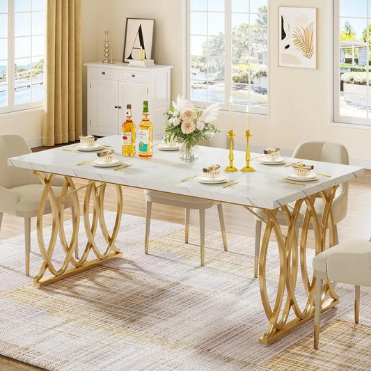 63" Modern Dining Table with Faux Marble Top & Gold Geometric Legs | Seats 4–6
