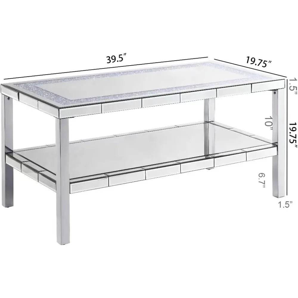 2-Tier Mirrored Silver Coffee Table | Tempered Glass Top & Lower Shelf | Modern Rectangle
