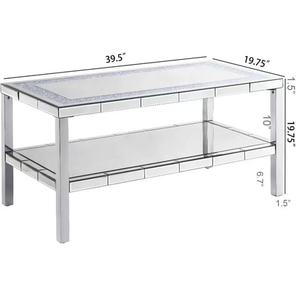 2-Tier Mirrored Silver Coffee Table | Tempered Glass Top & Lower Shelf | Modern Rectangle