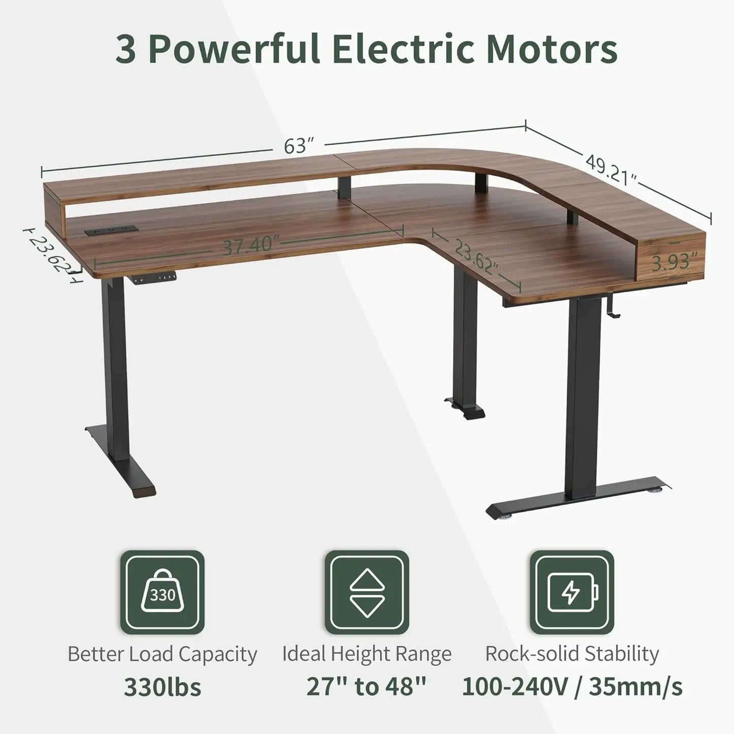 L-Shaped Electric Standing Desk 63" | LED Lighting, Power Outlet & Monitor Stand