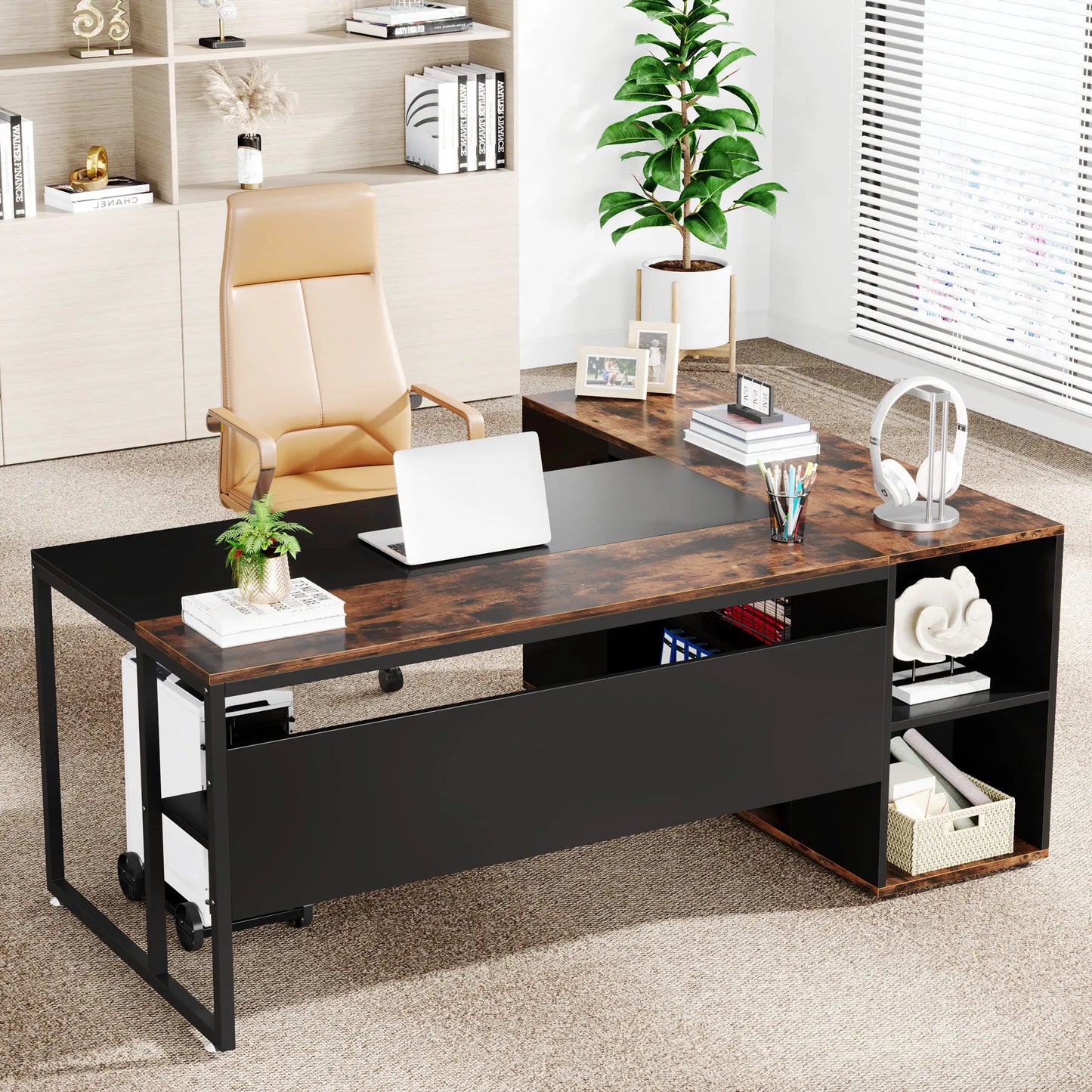 Tribesigns 71" L-Shaped Executive Desk with Storage Cabinet & Shelves