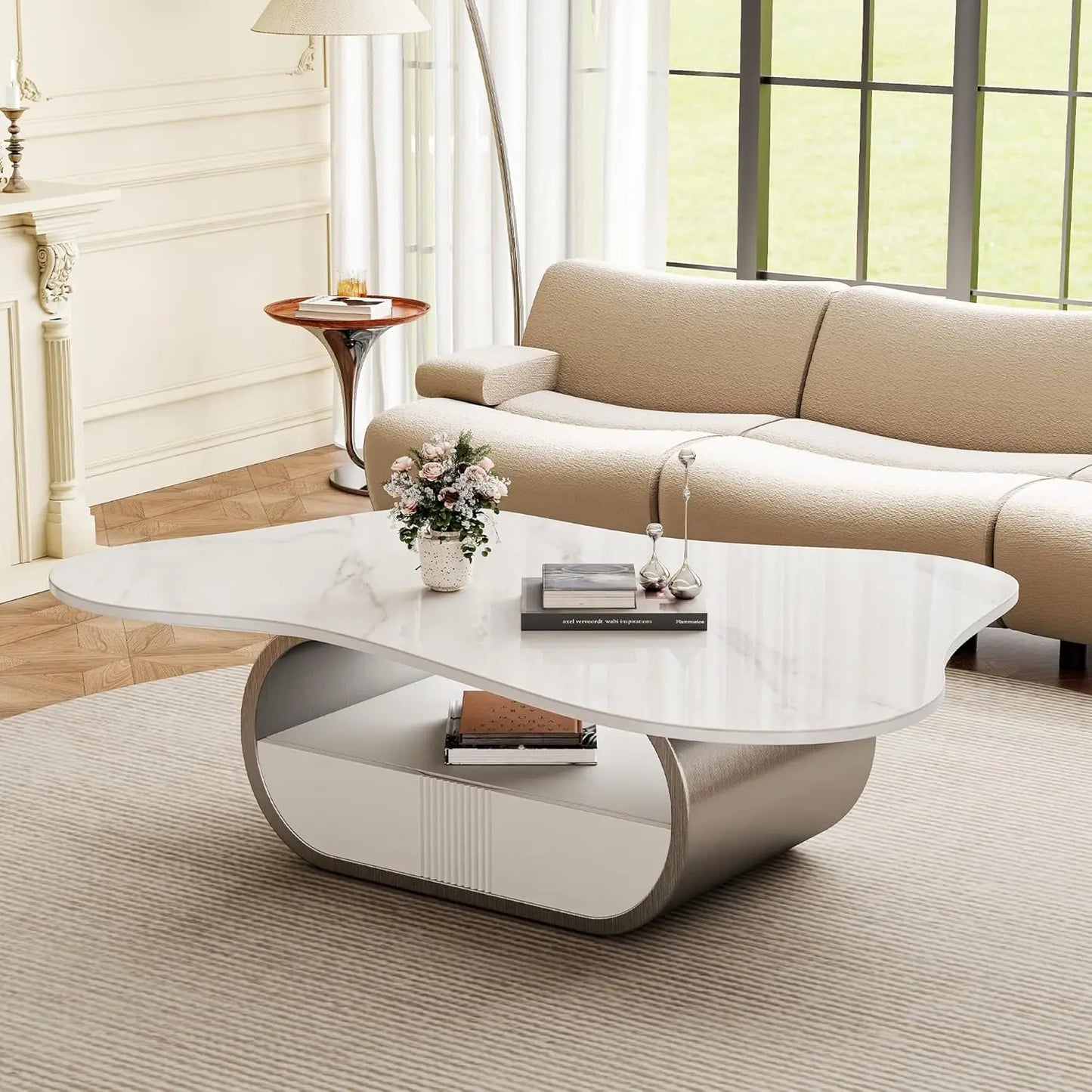 Butterfly Coffee Table | 41.7" Sintered Stone Top with Storage Drawer & Gold Frame