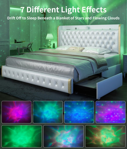 Velvet Wingback LED Bed Frame with Galaxy Projector, Bluetooth Speaker & 4 Storage Drawers – Full XL Queen King