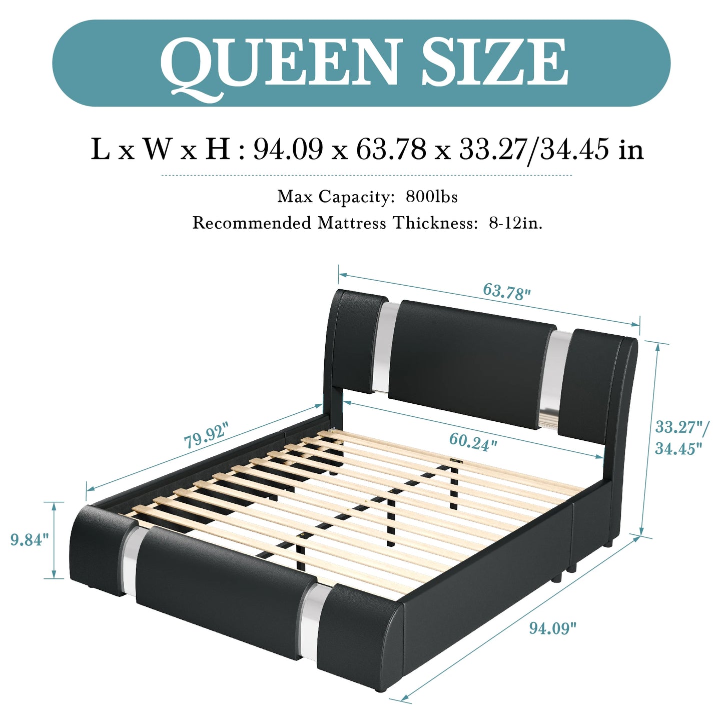 Modern Faux Leather Platform Bed Frame with Adjustable Headboard & Iron Décor – 800 LB Capacity | Queen King