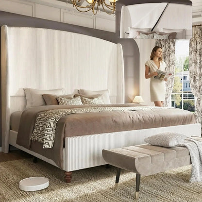 Corduroy Wingback Upholstered Bed Frame with 65.7" Tall Headboard – Washable Cover, 1,000 LB, 14" Clearance | Queen King
