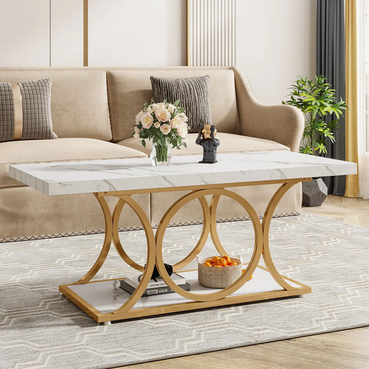47" Faux Marble Coffee Table with Gold Geometric Legs – 2-Tier Modern Living Room Center Table