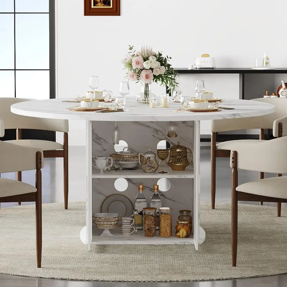 47" Round Dining Table with Storage Cabinet | Faux Marble Top, Wine Glass Racks & Mini-Fridge Space | Modern