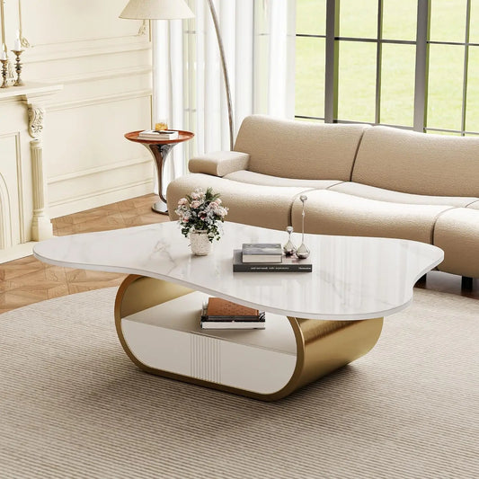 Butterfly Coffee Table | 41.7" Sintered Stone Top with Storage Drawer & Gold Frame