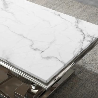 Rectangular Marble Coffee Table | U-Shape Mirrored Stainless Steel Base | Silver & White | Modern