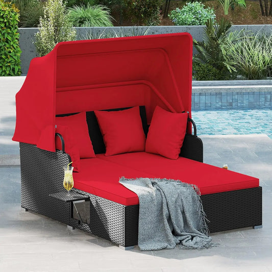 Outdoor Rattan Daybed with Retractable Canopy – 2-Person Patio Sunbed with Cushions & Pillows