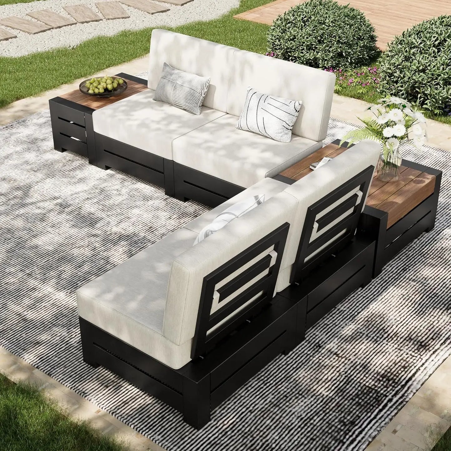6-Piece Outdoor Patio Sectional Sofa Set – Steel Frame with Thick Cushions, Beige