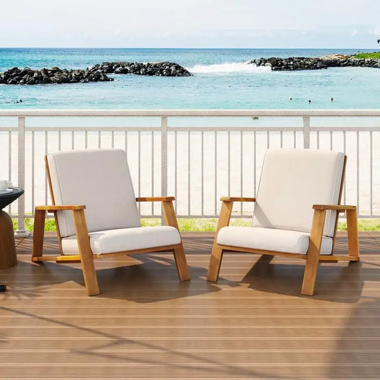 Patio Lounge Club Chairs Set of 2 – Teak Acacia Wood & Beige Cushion