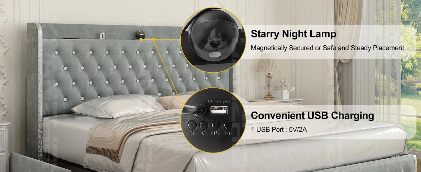 Velvet Wingback LED Bed Frame with Galaxy Projector, Bluetooth Speaker & 4 Storage Drawers – Full XL Queen King