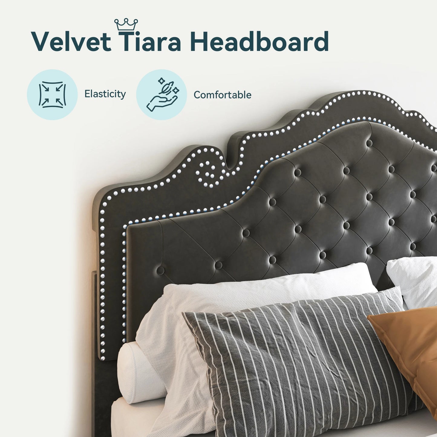 Velvet Platform Bed Frame with Adjustable Tiara Headboard – Diamond Tufted, Under-Bed Storage, No Box Spring Needed