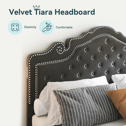 Velvet Platform Bed Frame with Adjustable Tiara Headboard – Diamond Tufted, Under-Bed Storage, No Box Spring Needed