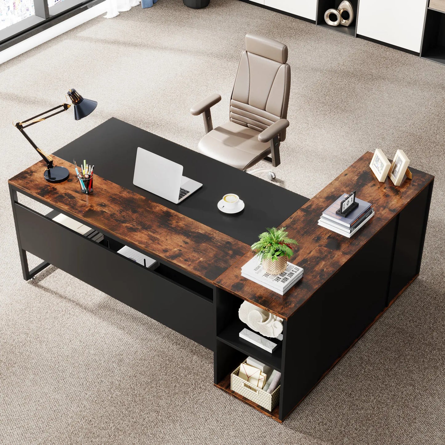 Tribesigns 71" L-Shaped Executive Desk with Storage Cabinet & Shelves