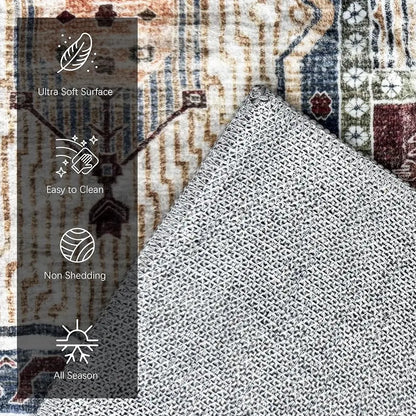 Vintage Washable Area Rug 9x12 – Retro Rust Design, Non-Slip, Lightweight for Living Room & Bedroom
