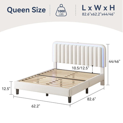 Queen Bed Frame with RGB LED Headboard & USB Charging Station – Velvet Upholstered, Adjustable, 1000 lb Capacity