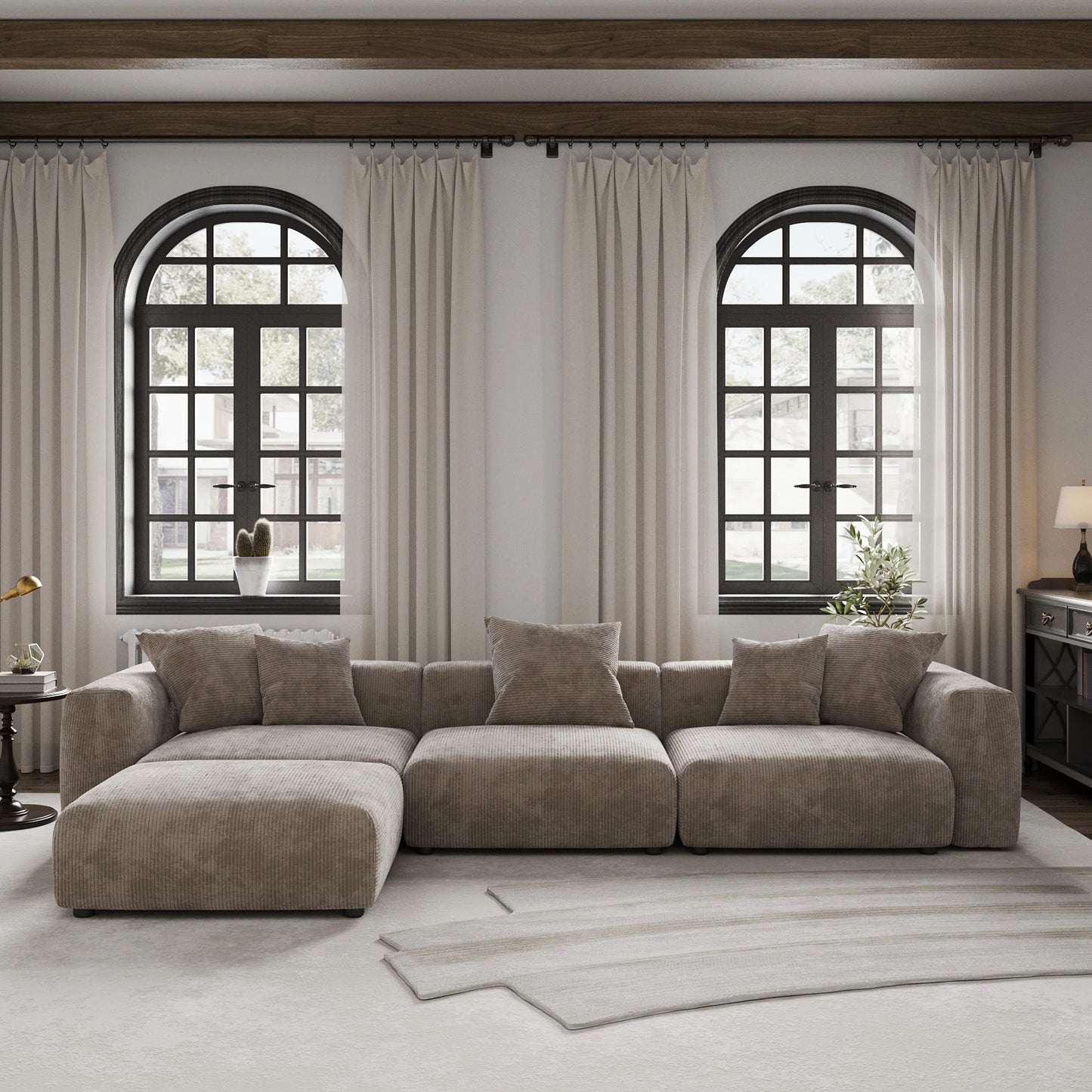 141" L-Shaped Corduroy Sectional Sofa with Ottoman | Oversized 3-Seater with Removable Covers