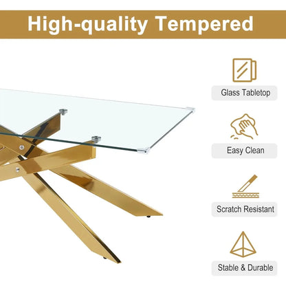 3-Piece Coffee Table Set | Tempered Glass Top & Gold Geometric Metal Legs | Modern Living Room