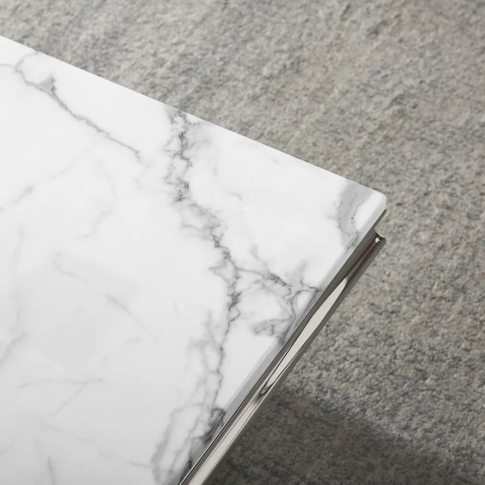 Rectangular Marble Coffee Table | U-Shape Mirrored Stainless Steel Base | Silver & White | Modern