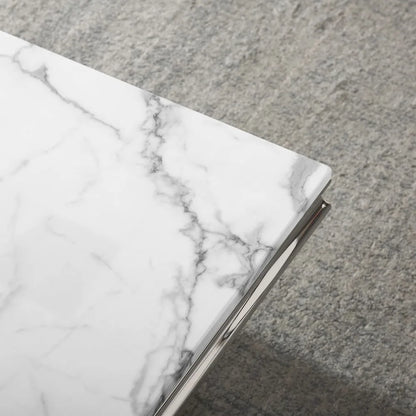 Rectangular Marble Coffee Table | U-Shape Mirrored Stainless Steel Base | Silver & White | Modern