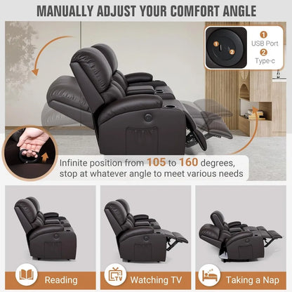 Recliner Loveseat with Massage & Heat – USB Charging, Cup Holders, Faux Leather | Home Theater & RV
