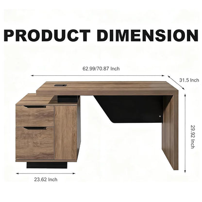 Extendable Executive Office Desk 63"–71" | L-Shape Computer Workstation with Reversible Storage Cabinet