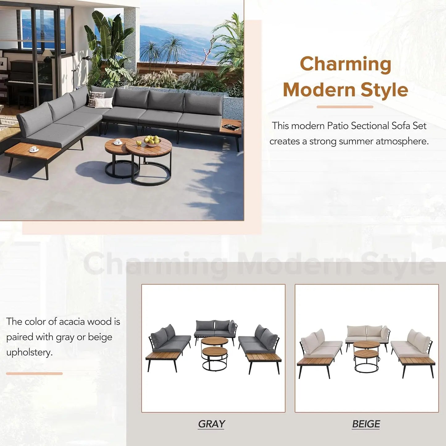 6-Piece Modern Outdoor Sectional Sofa Set with Round Nesting Coffee Tables – All-Weather Rattan & Acacia Wood