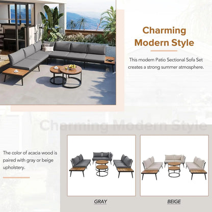 6-Piece Modern Outdoor Sectional Sofa Set with Round Nesting Coffee Tables – All-Weather Rattan & Acacia Wood