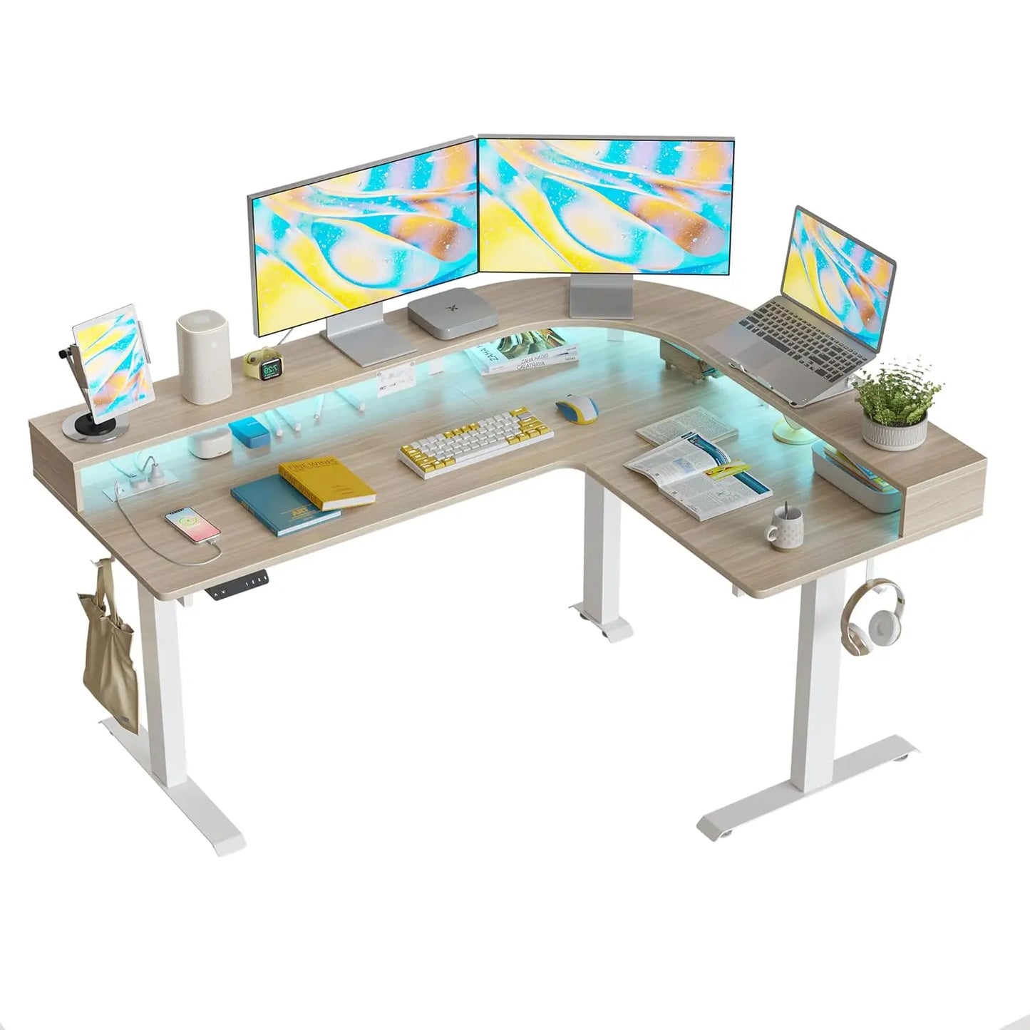L-Shaped Electric Standing Desk 63" | LED Lighting, Power Outlet & Monitor Stand