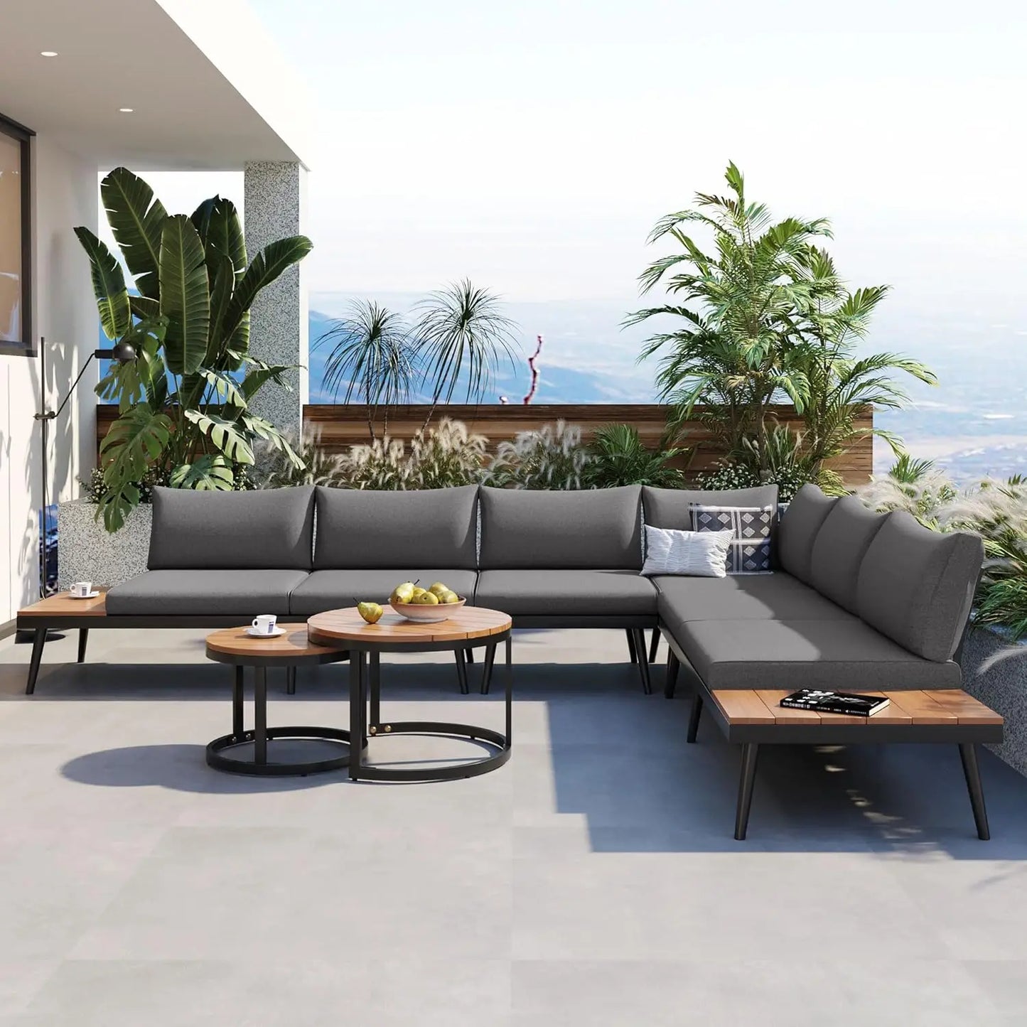 6-Piece Modern Outdoor Sectional Sofa Set with Round Nesting Coffee Tables – All-Weather Rattan & Acacia Wood