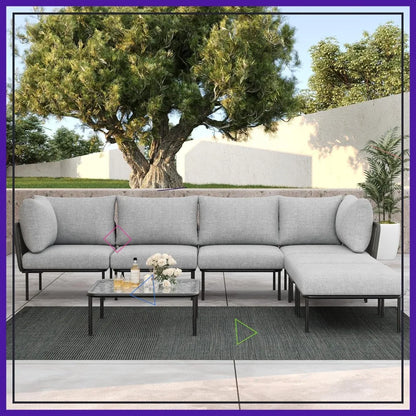 7-Piece Aluminum Modular Patio Sectional Set with Tempered Glass Coffee Table & Thick Cushions