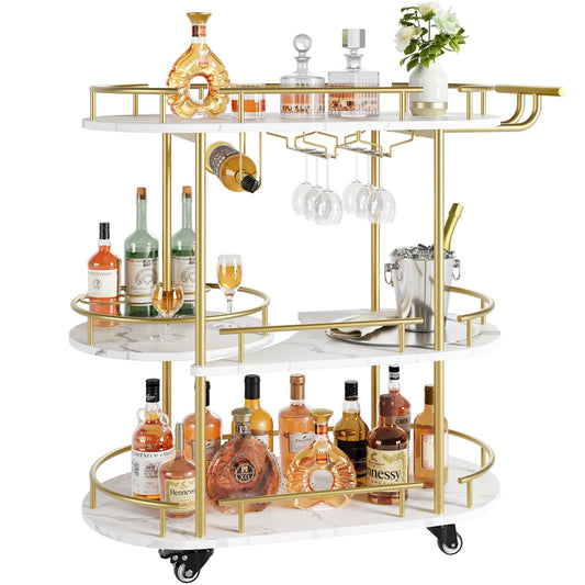 Gold Bar Cart with 3-Tier Marble Shelves, Wine Rack & Glass Holder – Rolling Serving Cart on Wheels