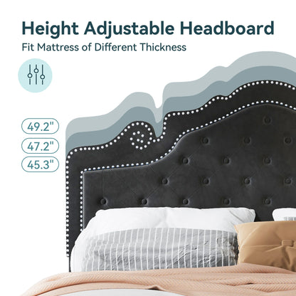 Velvet Platform Bed Frame with Adjustable Tiara Headboard – Diamond Tufted, Under-Bed Storage, No Box Spring Needed