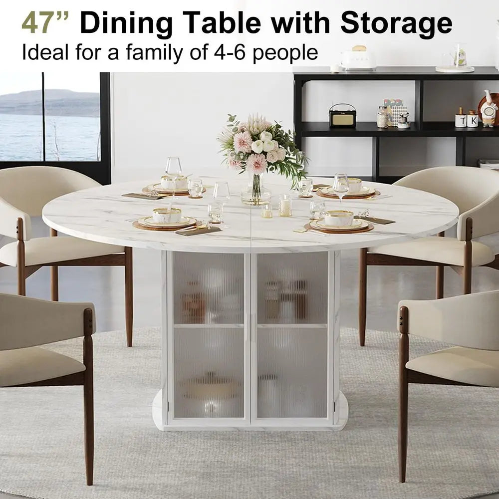 47" Round Dining Table with Storage Cabinet | Faux Marble Top, Wine Glass Racks & Mini-Fridge Space | Modern