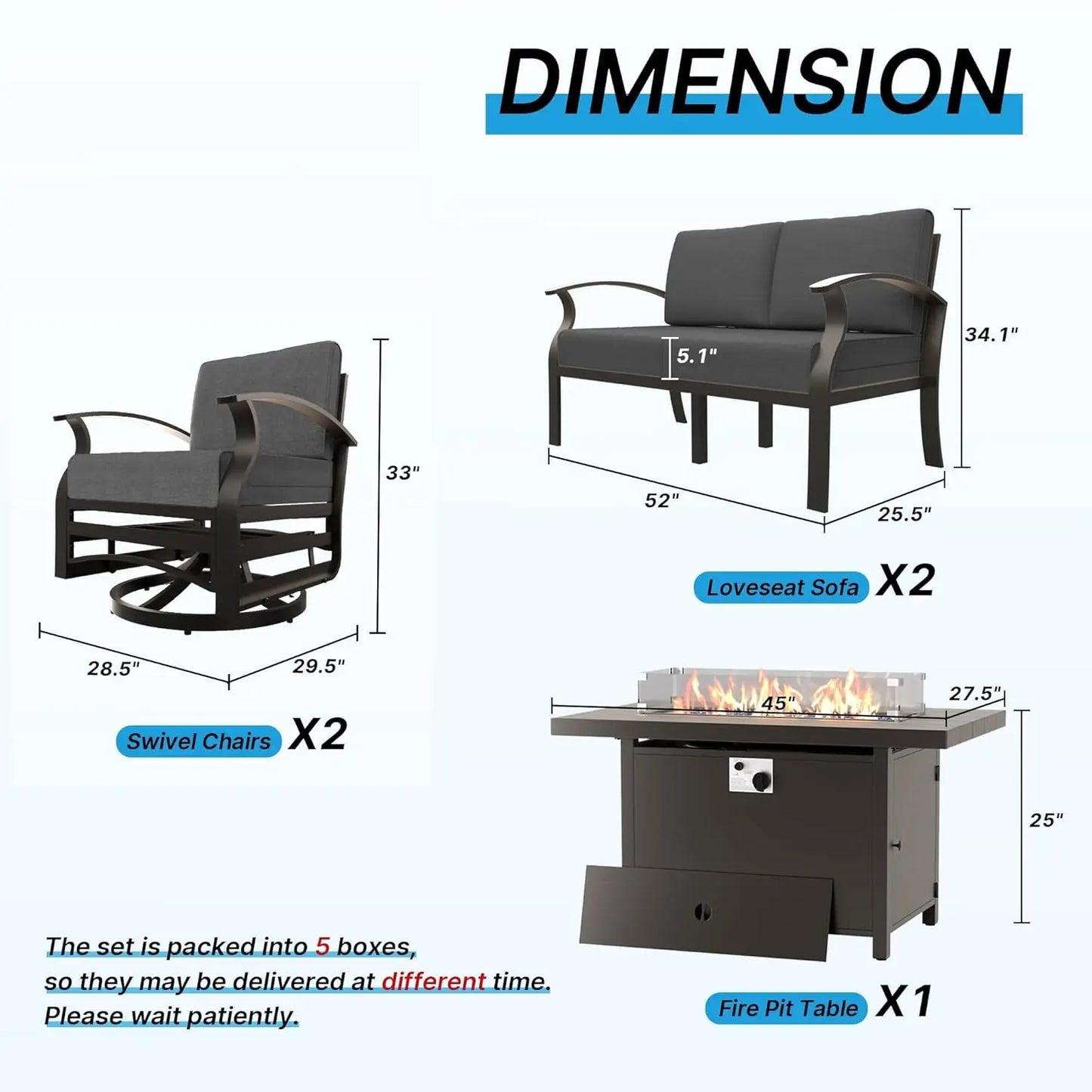 7-Piece Aluminum Patio Set with 50,000 BTU Fire Pit Table & Swivel Rocking Chairs