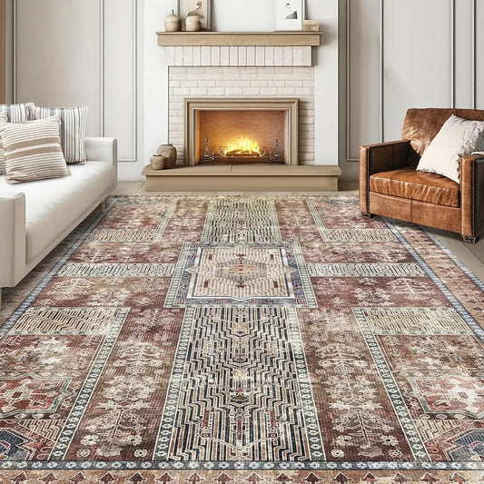 Vintage Washable Area Rug 9x12 – Retro Rust Design, Non-Slip, Lightweight for Living Room & Bedroom
