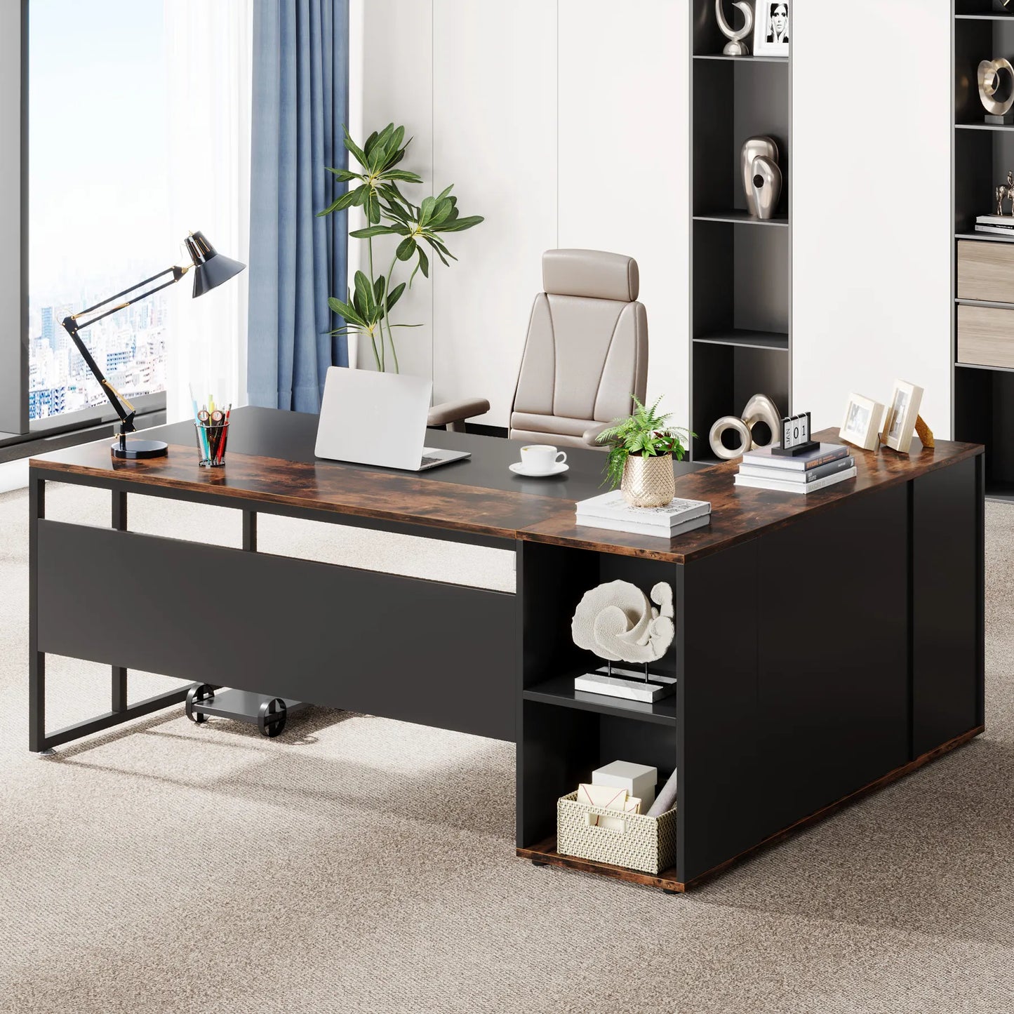 Tribesigns 71" L-Shaped Executive Desk with Storage Cabinet & Shelves