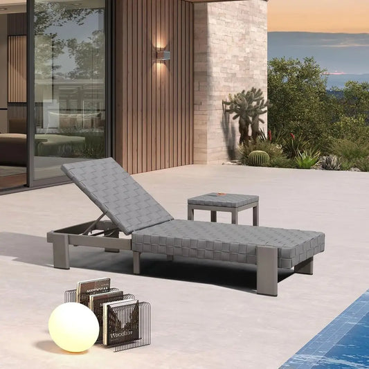 Adjustable Outdoor Chaise Lounge Chair with Side Table – PU Leather Woven, 4-Position Backrest
