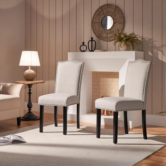 Mid-Century Upholstered Dining Chairs with Bronze Stud Trim, Solid Wood Frame & Sinuous Spring Seat – Set of 2 or 4 | Beige