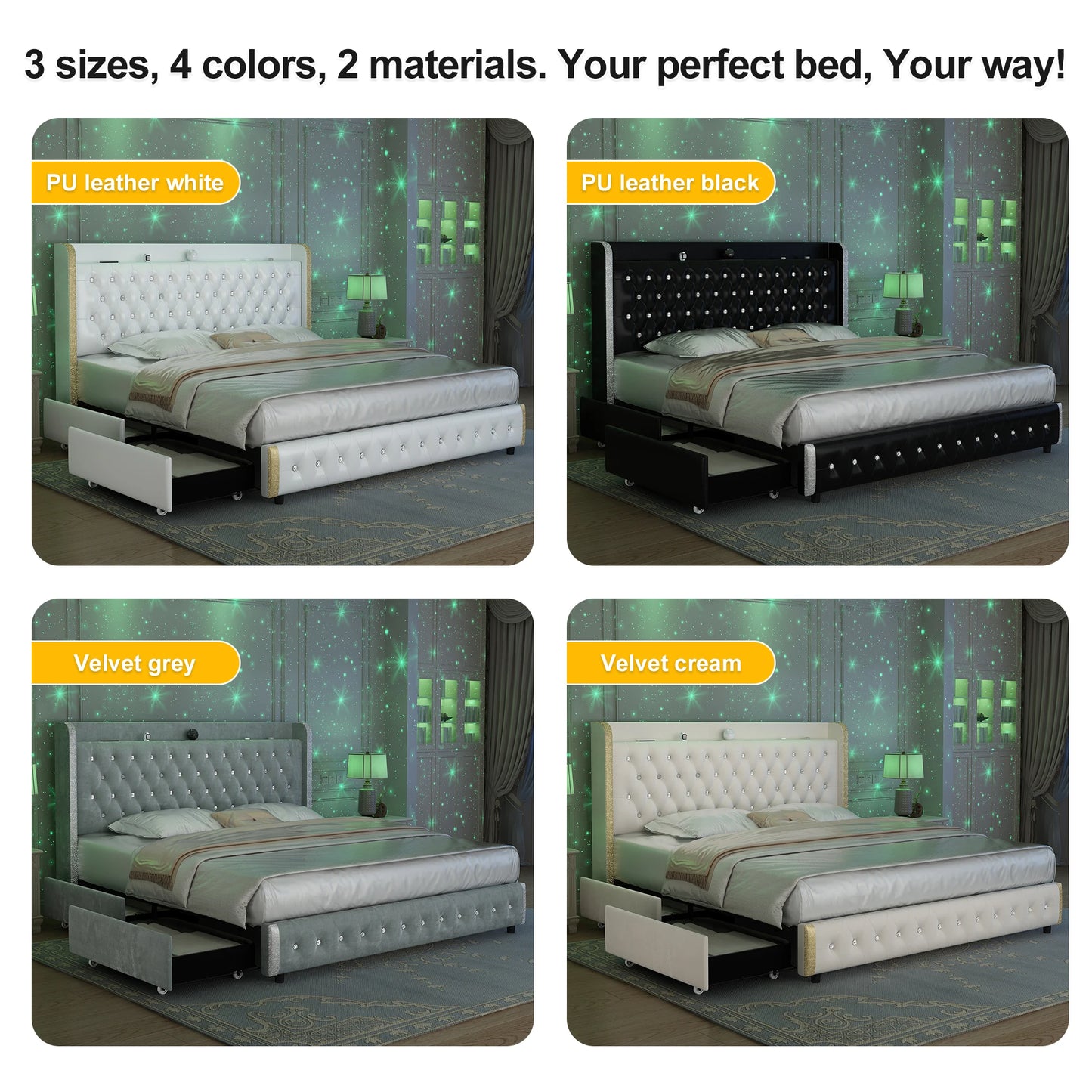 Velvet Wingback LED Bed Frame with Galaxy Projector, Bluetooth Speaker & 4 Storage Drawers – Full XL Queen King